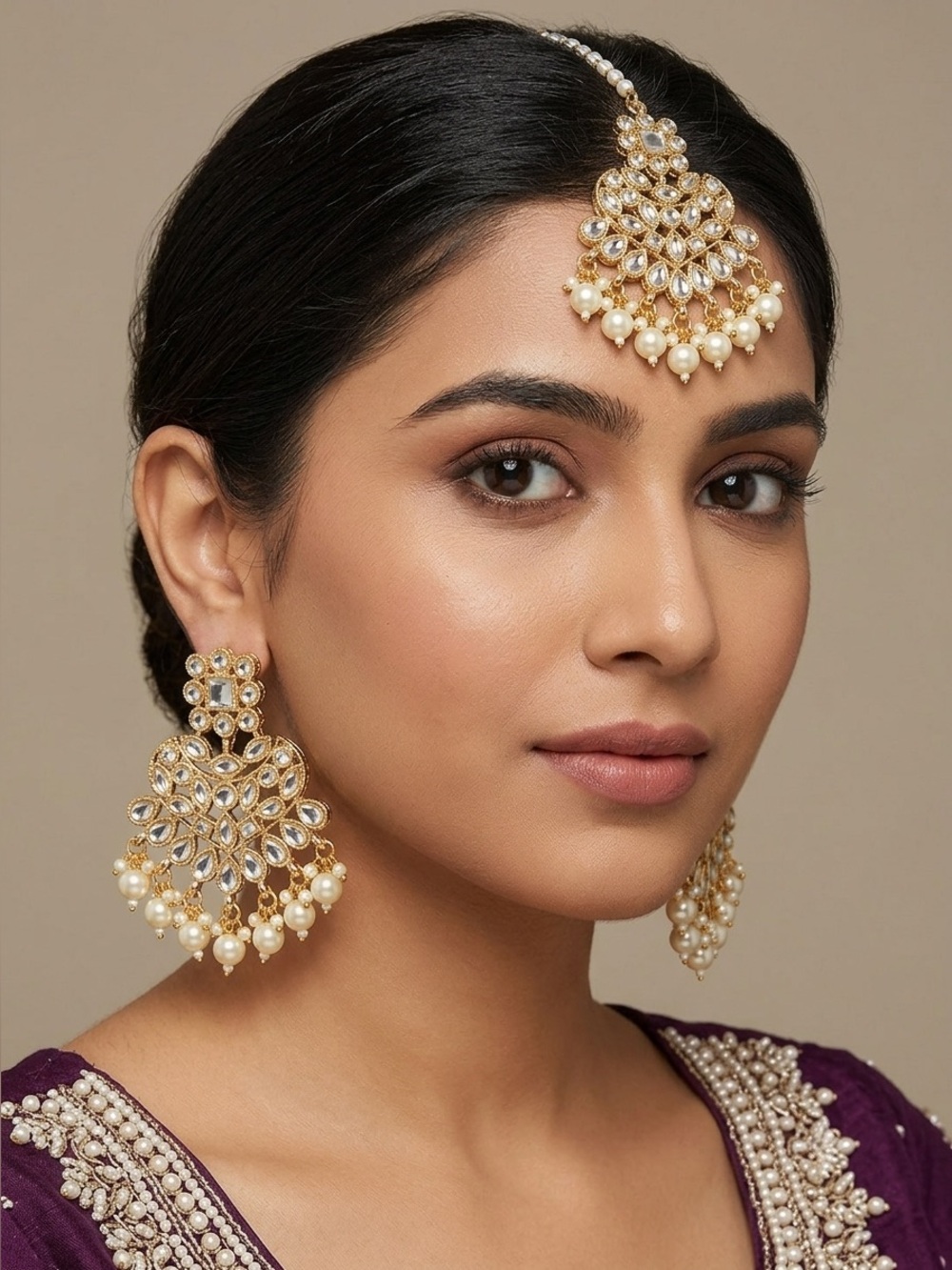 Kundan Chandbali Earrings & Maang Tikka Set | Indian Bridal Jewelry